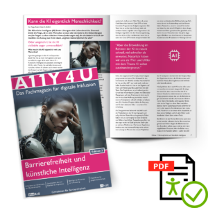 Cover und Textauszug aus dem Magazin A11Y4U mit dem Schwerpunkt Barrierefreiheit und Künstliche Intelligenz; barrierefreie PDF Version
