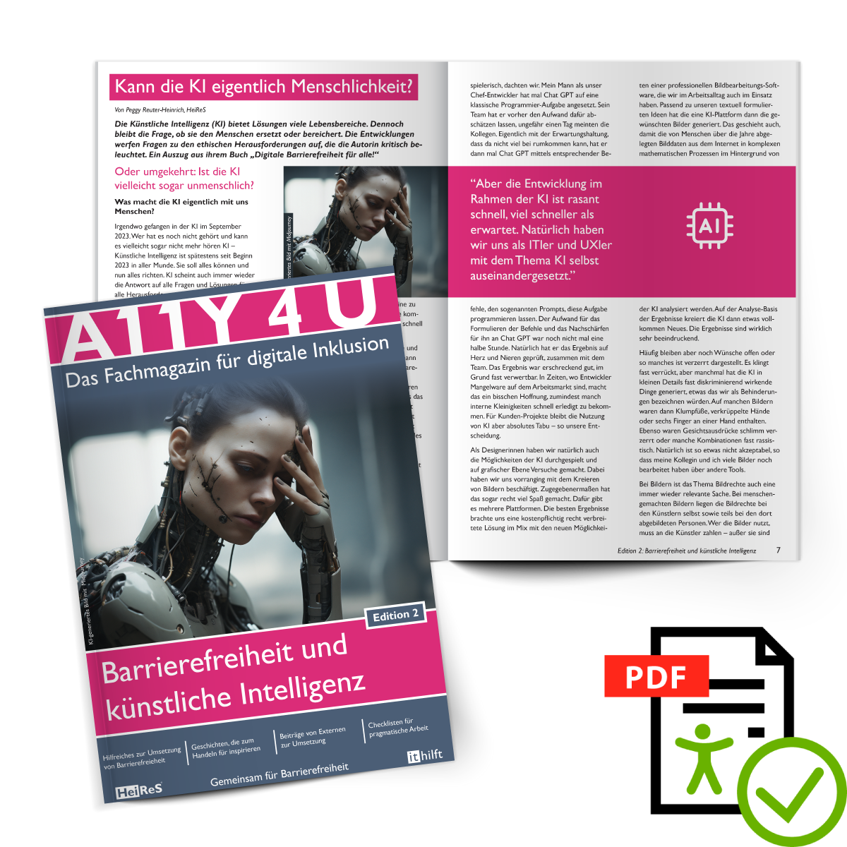 Cover und Textauszug aus dem Magazin A11Y4U mit dem Schwerpunkt Barrierefreiheit und Künstliche Intelligenz; barrierefreie PDF Version