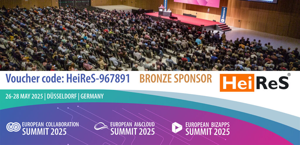 Werbebild für den European Cloud Summit 2025, der vom 26.05.2025 bis 28.05.2025 in Düsseldorf stattfand, mit HeiReS als Bronzesponsor mit Voucher Code HeiReS-967891 (Code nicht mehr gültig)