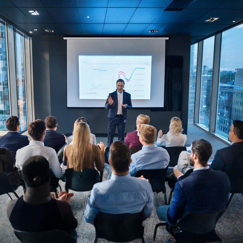 Geschäftsleute folgen interessiert einem Vortrag