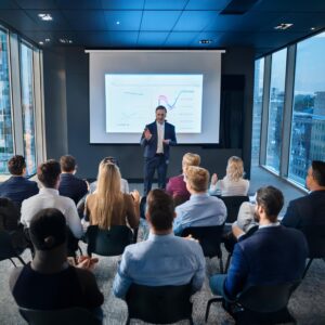 Geschäftsleute folgen interessiert einem Vortrag