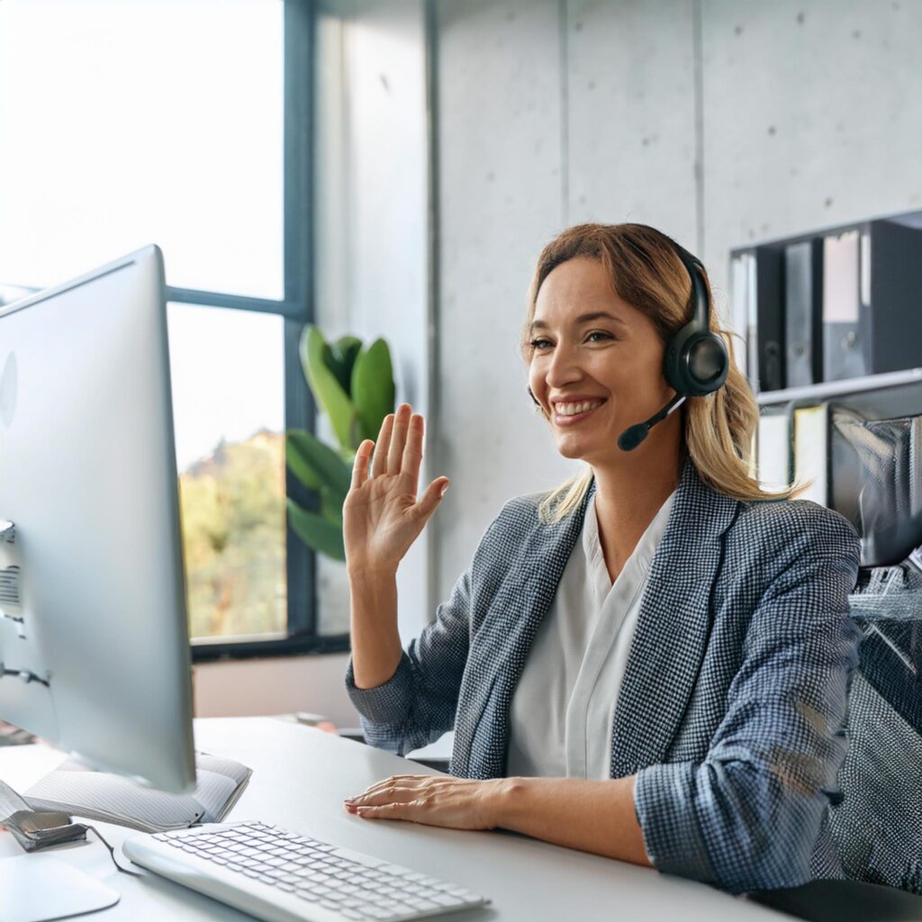 Frau an einem Schreibtisch lächelt grüßend in die Kamera bei einem VideoCall