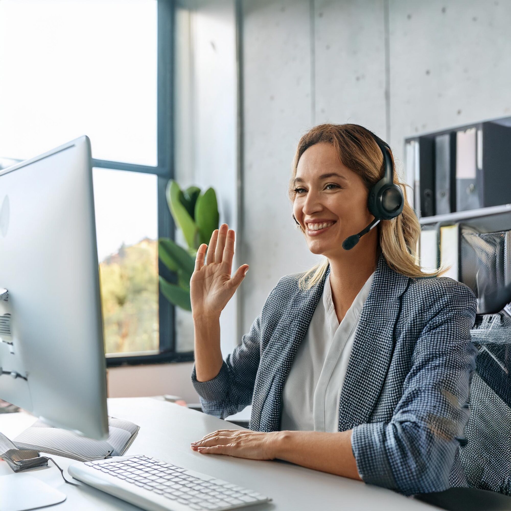 Frau an einem Schreibtisch lächelt grüßend in die Kamera bei einem VideoCall