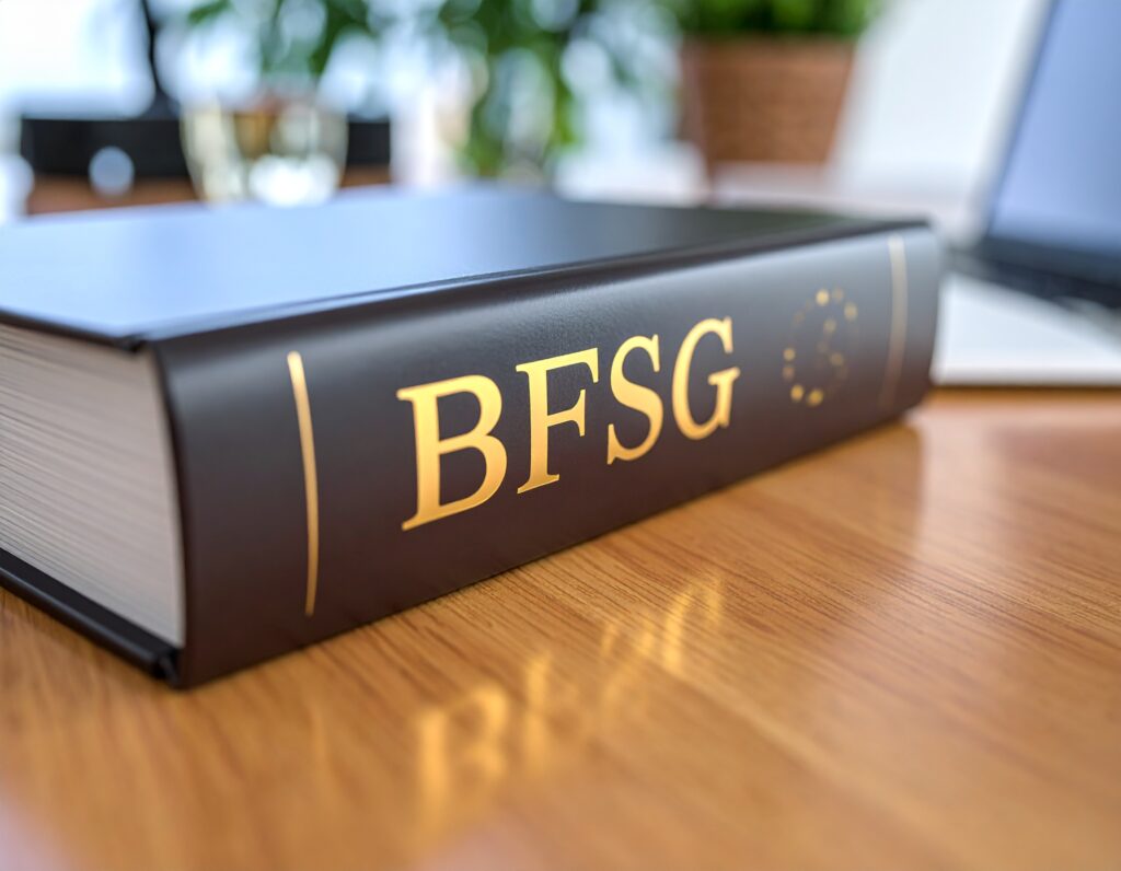 ein dickes Buch auf einem Schreibtisch, auf dessen Buchrücken deutlich lesbar BFSG steht