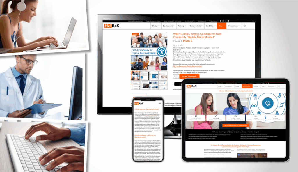 Tablet, Smartphone und Desktopansicht von der Heires Webseite welche nach einem Redesign jetzt barrierefrei nutzbar ist