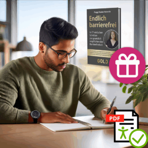 Mann arbeitet mir dem Arbeitsbuch In 77 Schritten zur gesetzlichverpflichtenden Barrierefreiheit. mit dem Icon für ein barrierefreies PDF