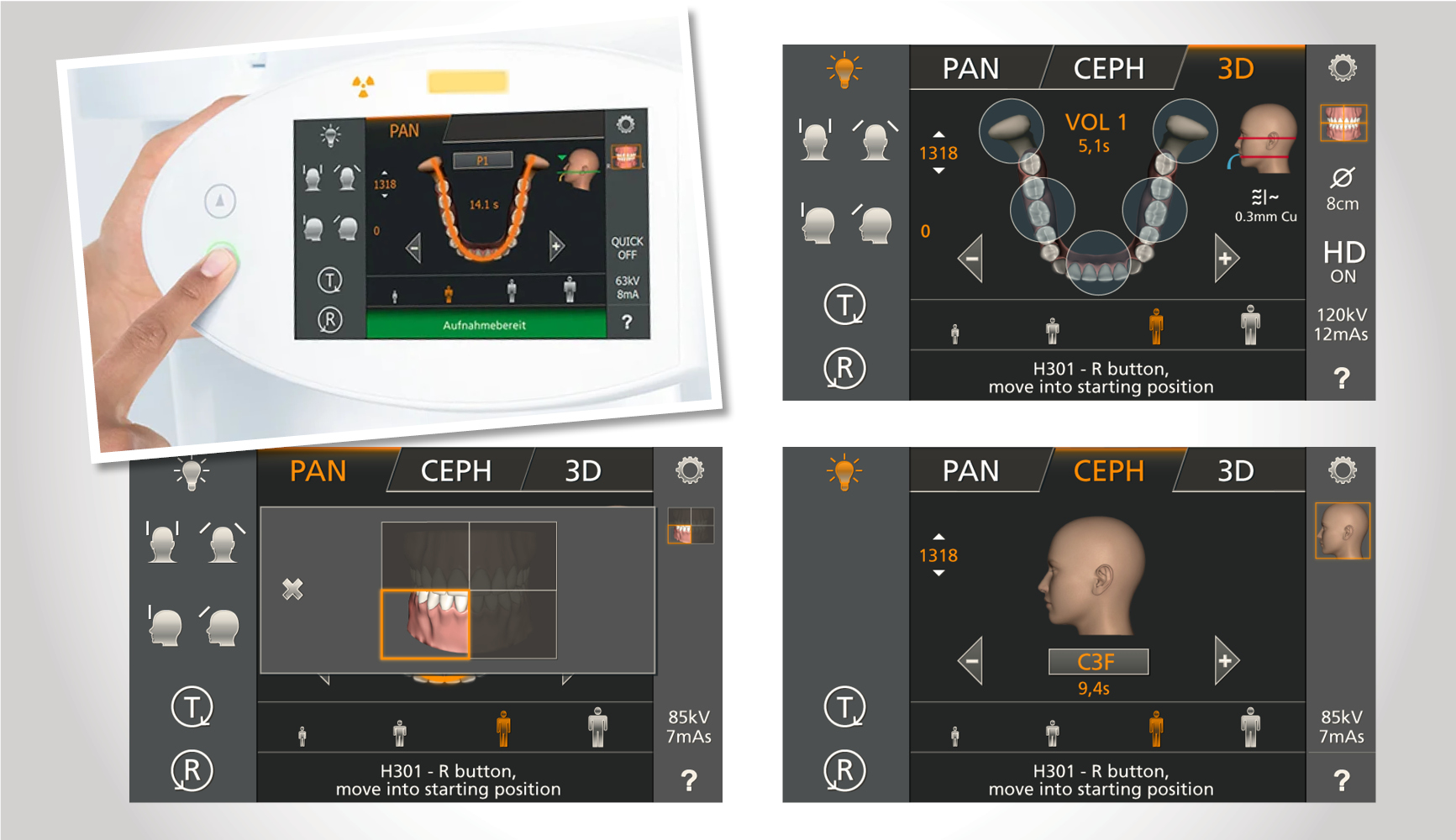 Arrangement von Bildern zur Branche Medizin: vier Ansichten der neuen Oberfläche des 3D-Röngten-Gerätes; zwei Draufsichten eines virtuellen Kiefers; eine Frontalansicht eines virtuellen Kiefers; eine Seitansicht eines virtuellen Kopfes; ringsum gibt es Bedienfelder.