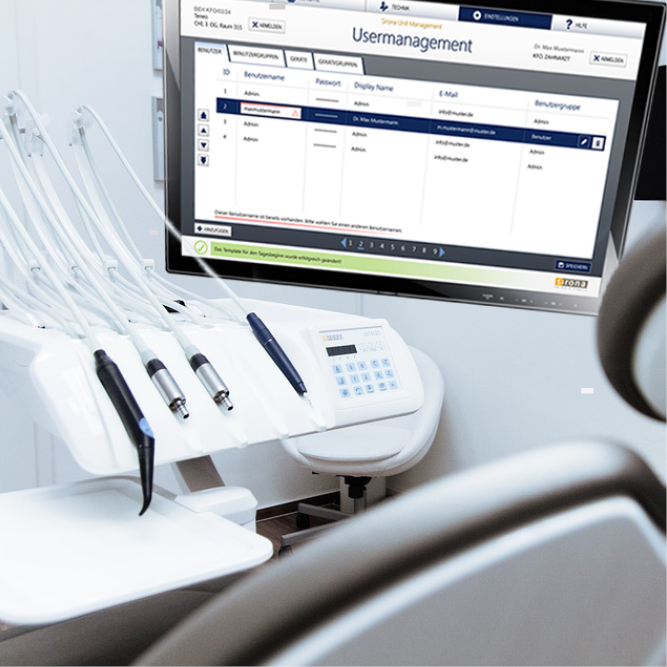 Nahaufnahme von Zahnarzttechnik, sowie eines Monitors, der eine Oberfläche zeigt, auf der Usermanagement steht.