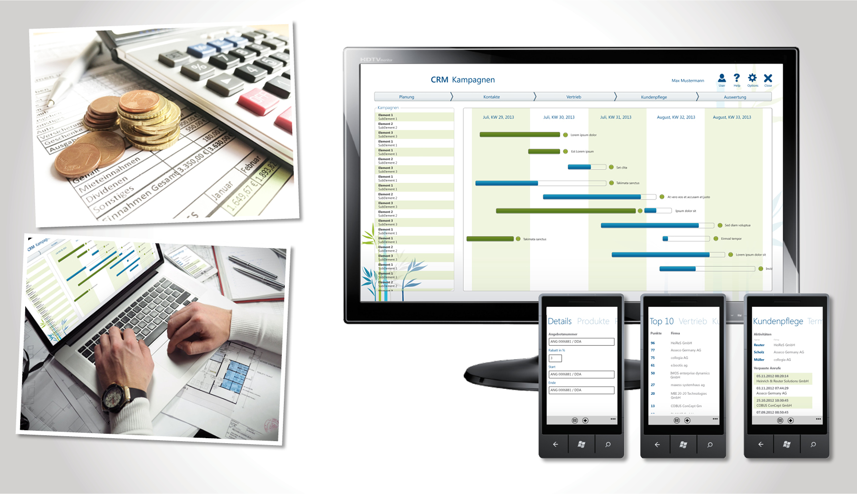 Arrangement von Bildern zur Branche Verwaltung: Nahaufnahme Taschenrechner, Buchhaltungsausdrucke, Kleingeld, Stift; Nahaufnahme Laptop mit neuer Oberfläche, von zwei Händen bedient; Monitor und drei Smartphones mit der neuen Obefläche;