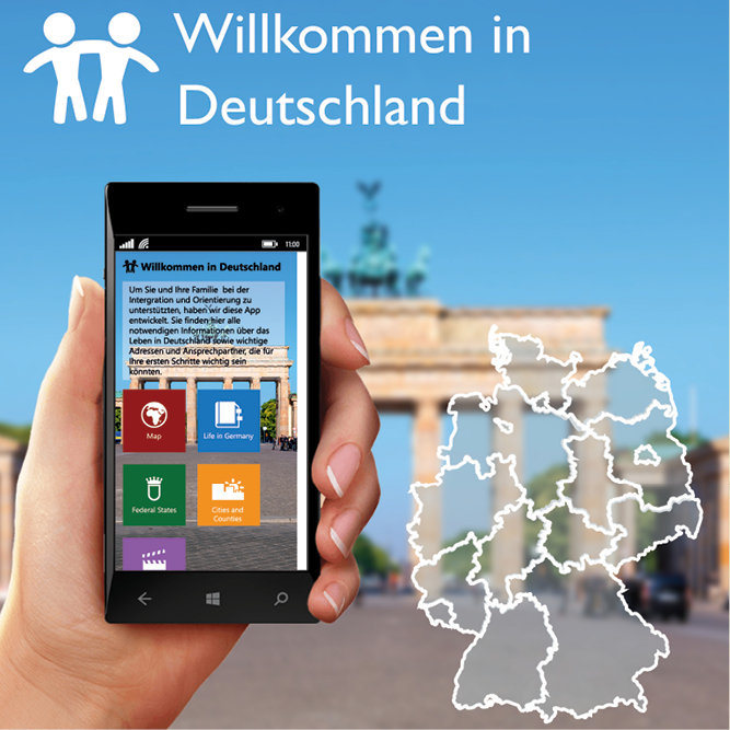 Nahaufnahme einer Hand, die ein Smartphone in Berlin hält, im Hintergrund ist das Brandenburger Tor, sowie eine Karte der Bundesrepublik Deutschland zu sehen. Textüberschrift: Willkommen in Deutschland.