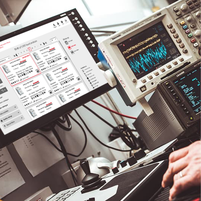 Nahaufnahme eines technischen Arbeitsplatzes; Monitore die Wellenmuster und technische Daten anzeigen, daneben Drehknöpfe, Kabel, sowie ein Monitor, der einen Onlineshop für elektronische Bauteile zeigt.