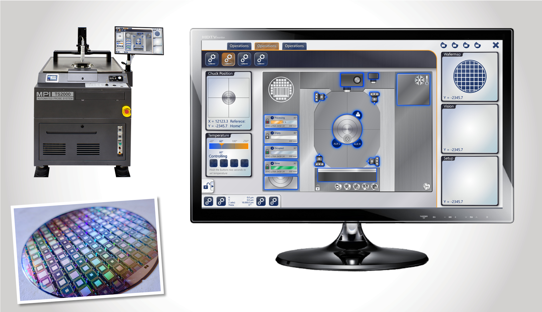 Arrangement von Bildern zur Branche Industrie: Industriegerät MPI TS2000 mit Monitor und verbesserter Oberfläche; ein Halbleiter-Wafer; ein Monitor mit der neuen verbesserten Oberfläche im metallischen Look.